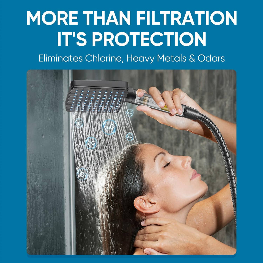 Handheld shower head spraying water for rinsing, held near a person’s shoulder