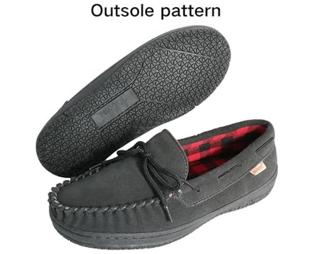 Charcoal gray moccasin slipper showing textured outsole pattern and lace-up upper.