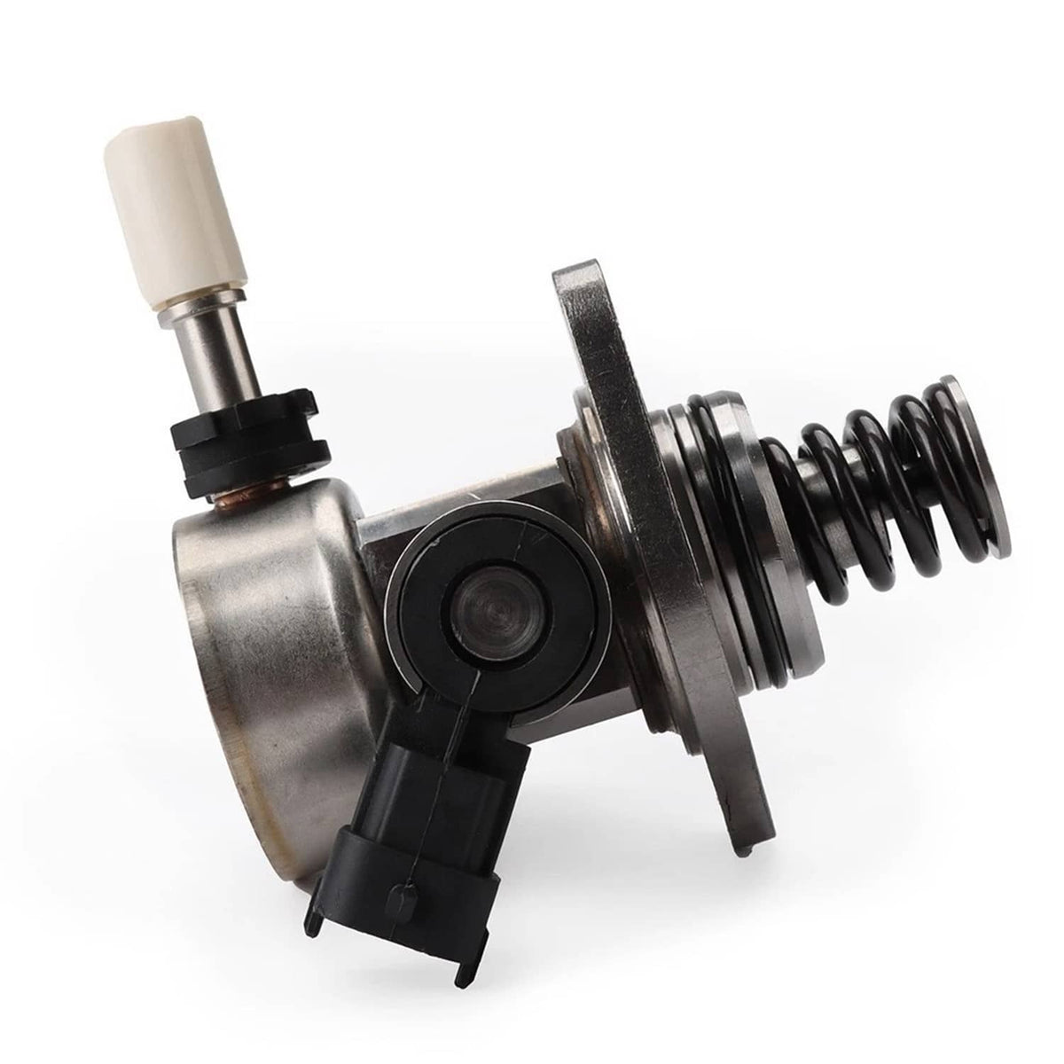 High pressure fuel pump with spring, metal inlet tube, and side-mounted sensor connector