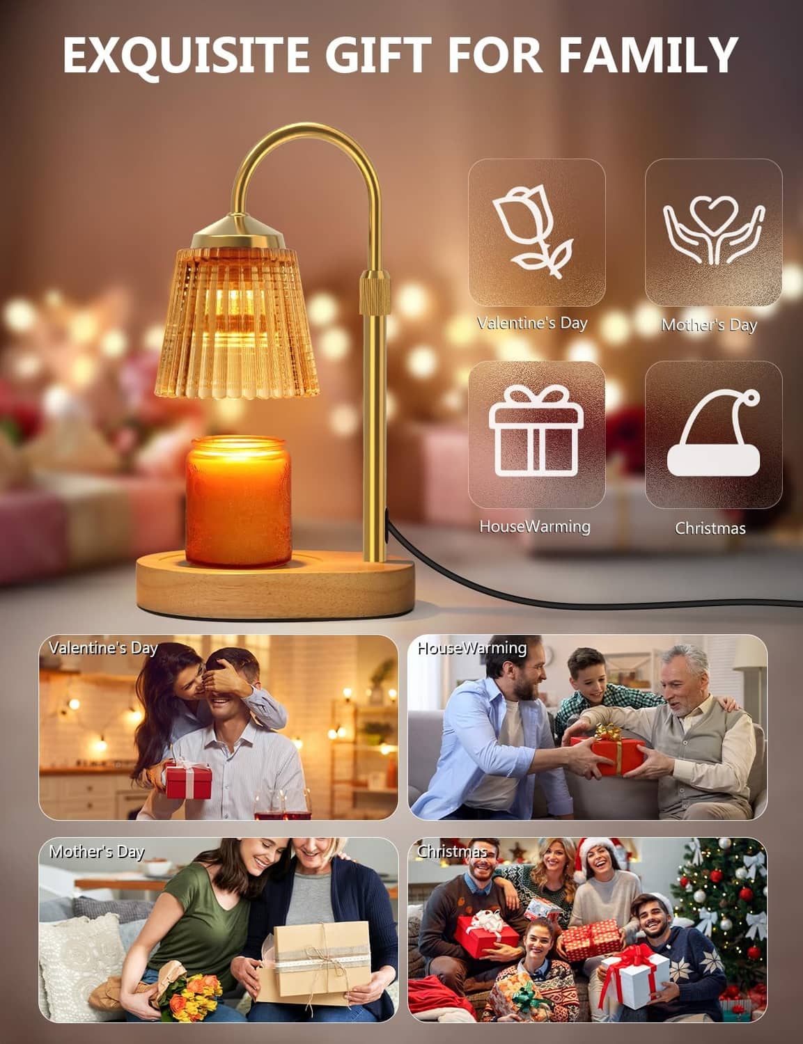 Gold candle warmer lamp shown as a gift with glowing jar candle on a wooden tray base