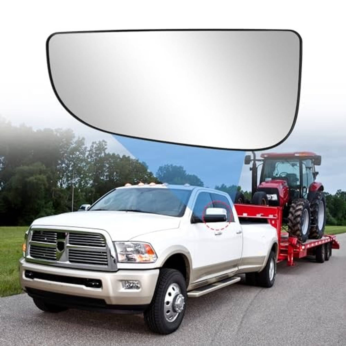 Driver-side lower mirror glass installed on vehicle door, clear lens with black trim
