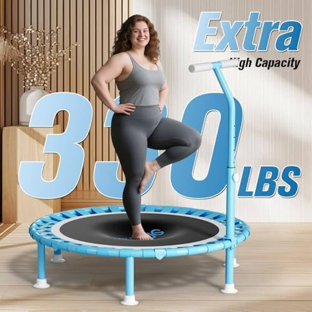 Blue mini trampoline with black center mat and light blue safety handle bar