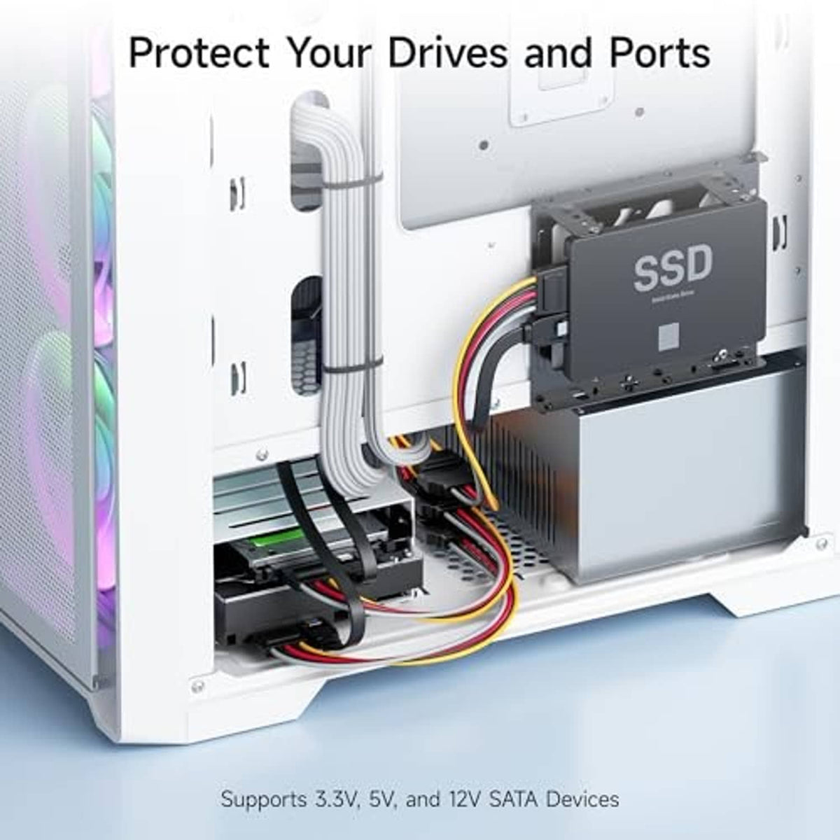SATA power extension cable connecting to SSD power port with molded 15-pin connectors