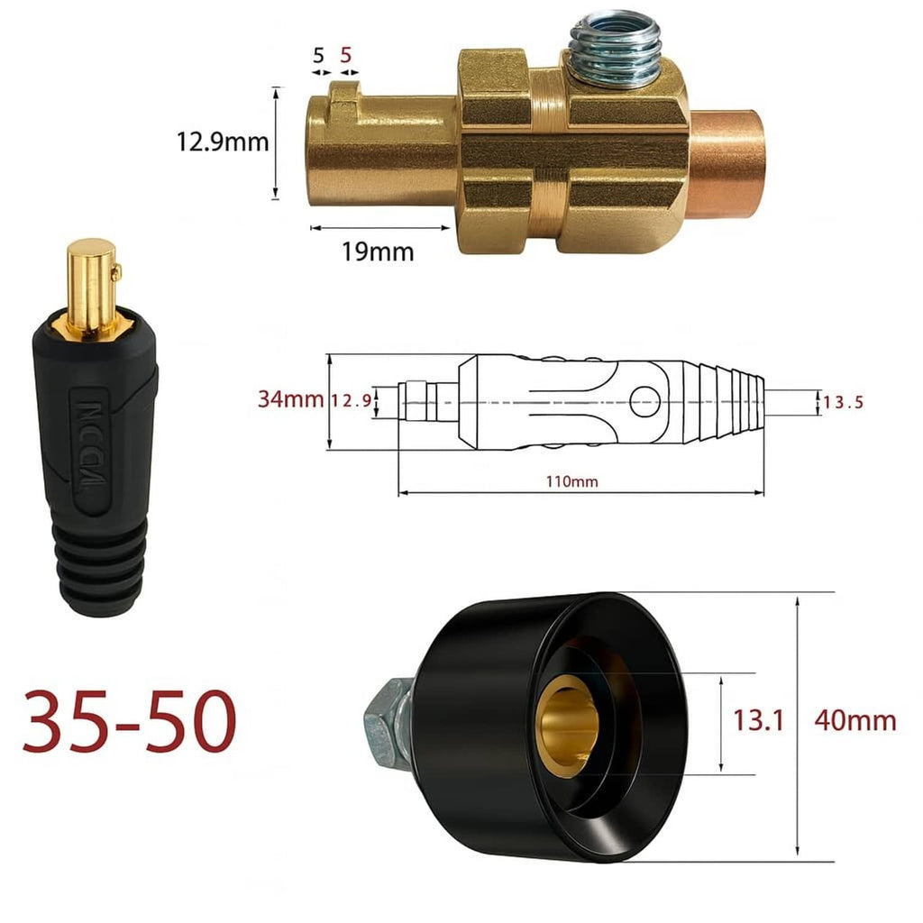 Dinse-style welding cable connector plug with brass body, black sleeve, and size diagram