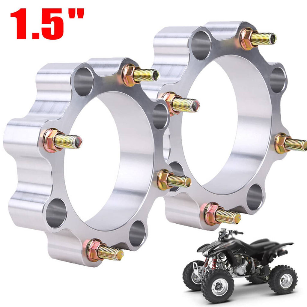 Silver front wheel spacer pair with threaded studs and large center circular bores