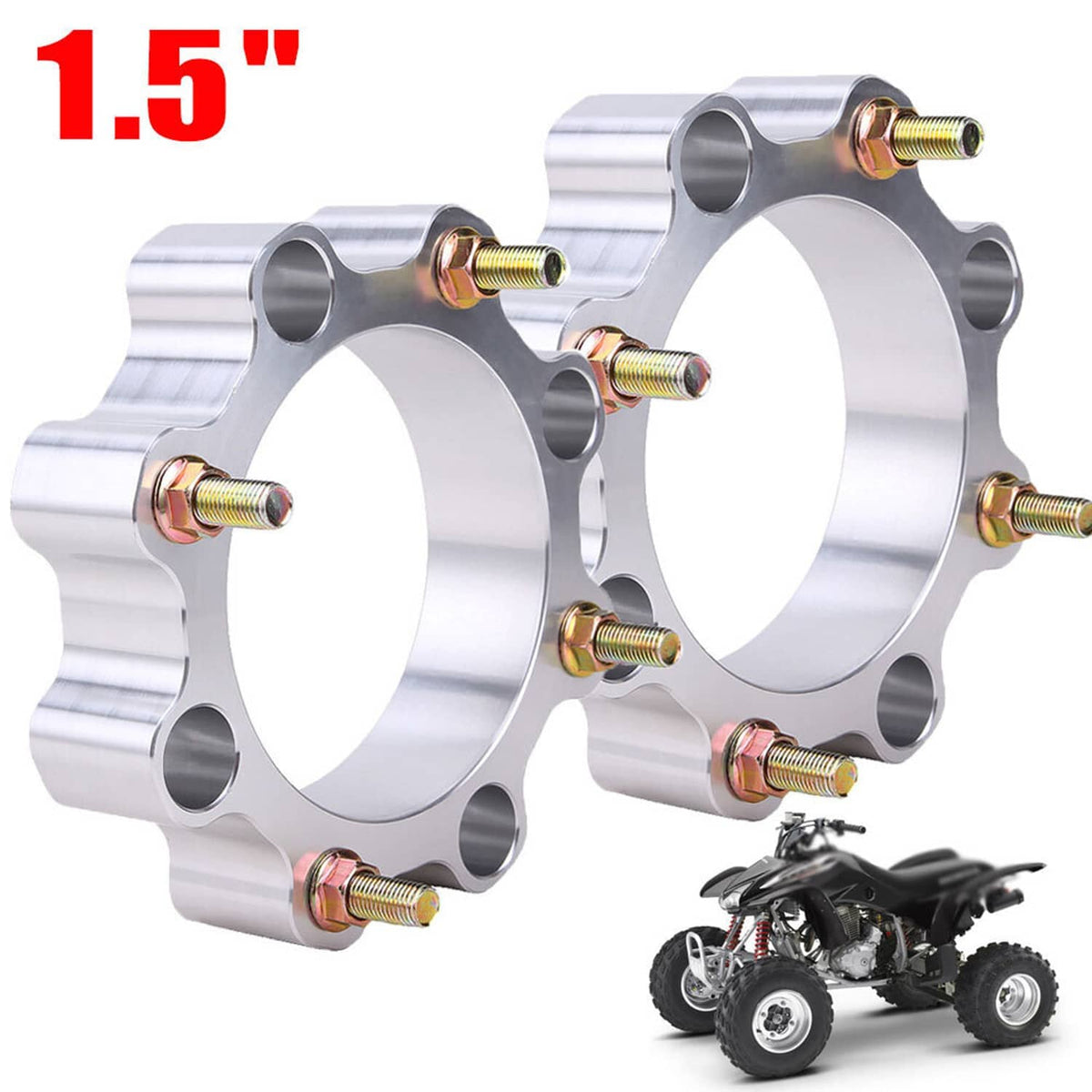 Silver front wheel spacer pair with threaded studs and large center circular bores