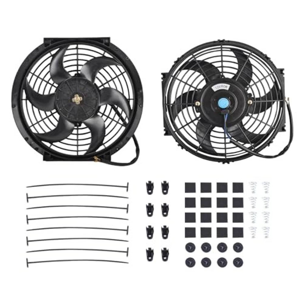 Two 10-inch black cooling fans with protective grills and included mounting hardware pieces