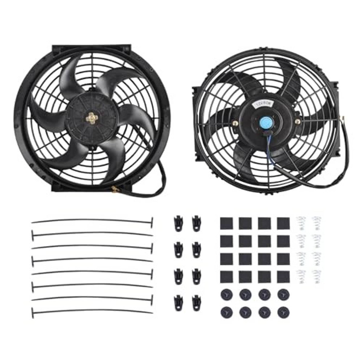 Two 10-inch black cooling fans with protective grills and included mounting hardware pieces