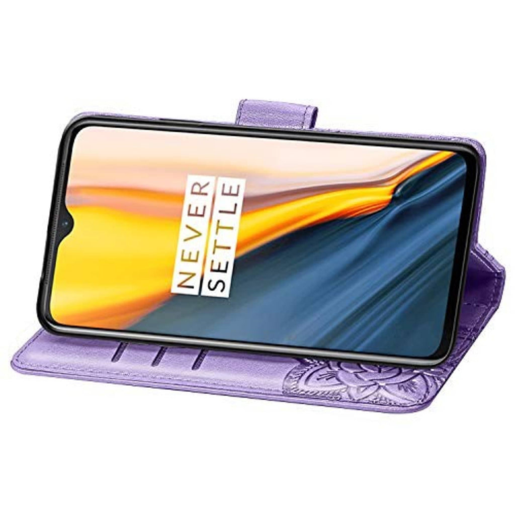 Light purple folio phone case with flip cover folded back, embossed cat pattern
