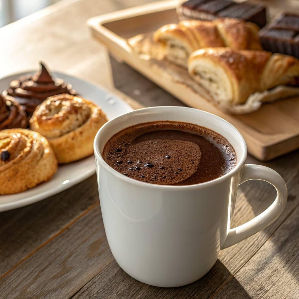 White mug of dark roast coffee with crema beside pastries on wooden table