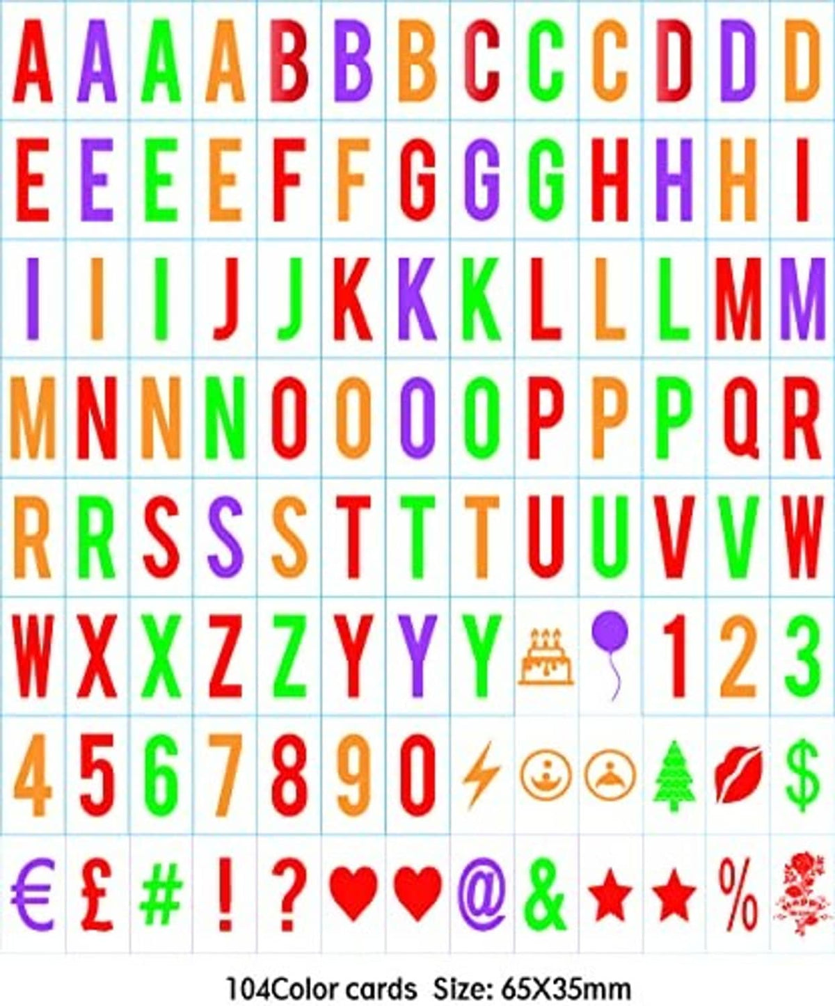 104-piece multicolor letter and number sticker sheet with symbols and punctuation