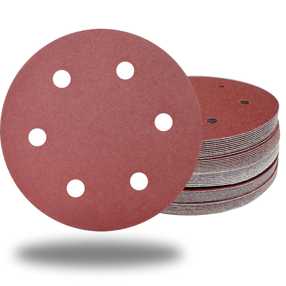 Red sanding discs, 9-inch hook-and-loop, six-hole design, stacked set