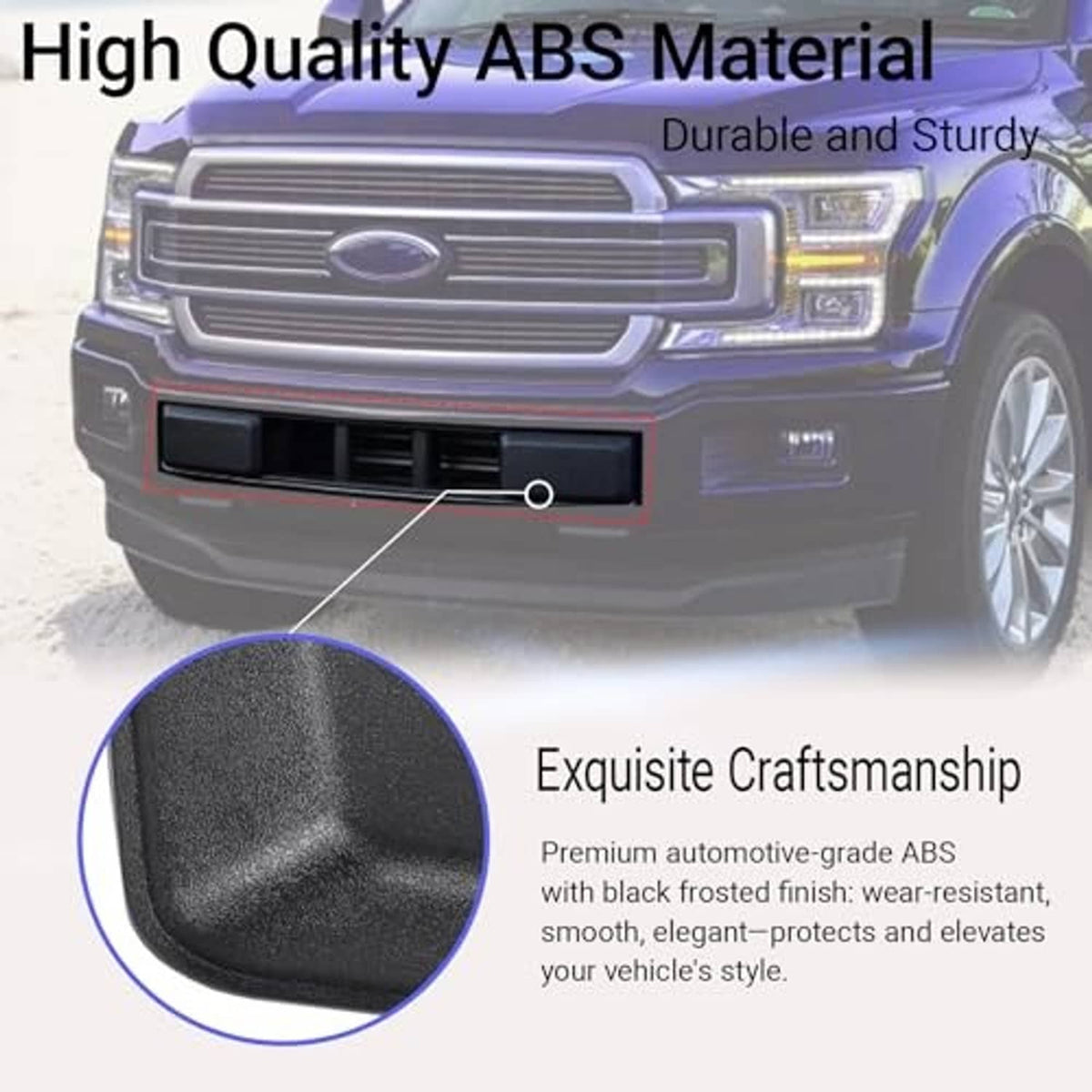 Black front bumper grille insert trim installed on vehicle front, with rectangular inserts