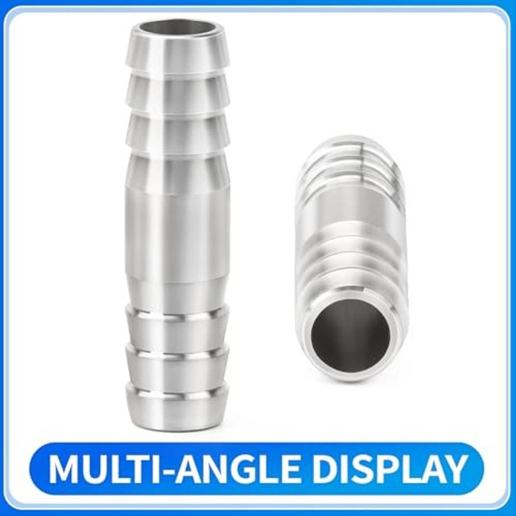 Stainless steel hose barb fitting, male barbed connector end view
