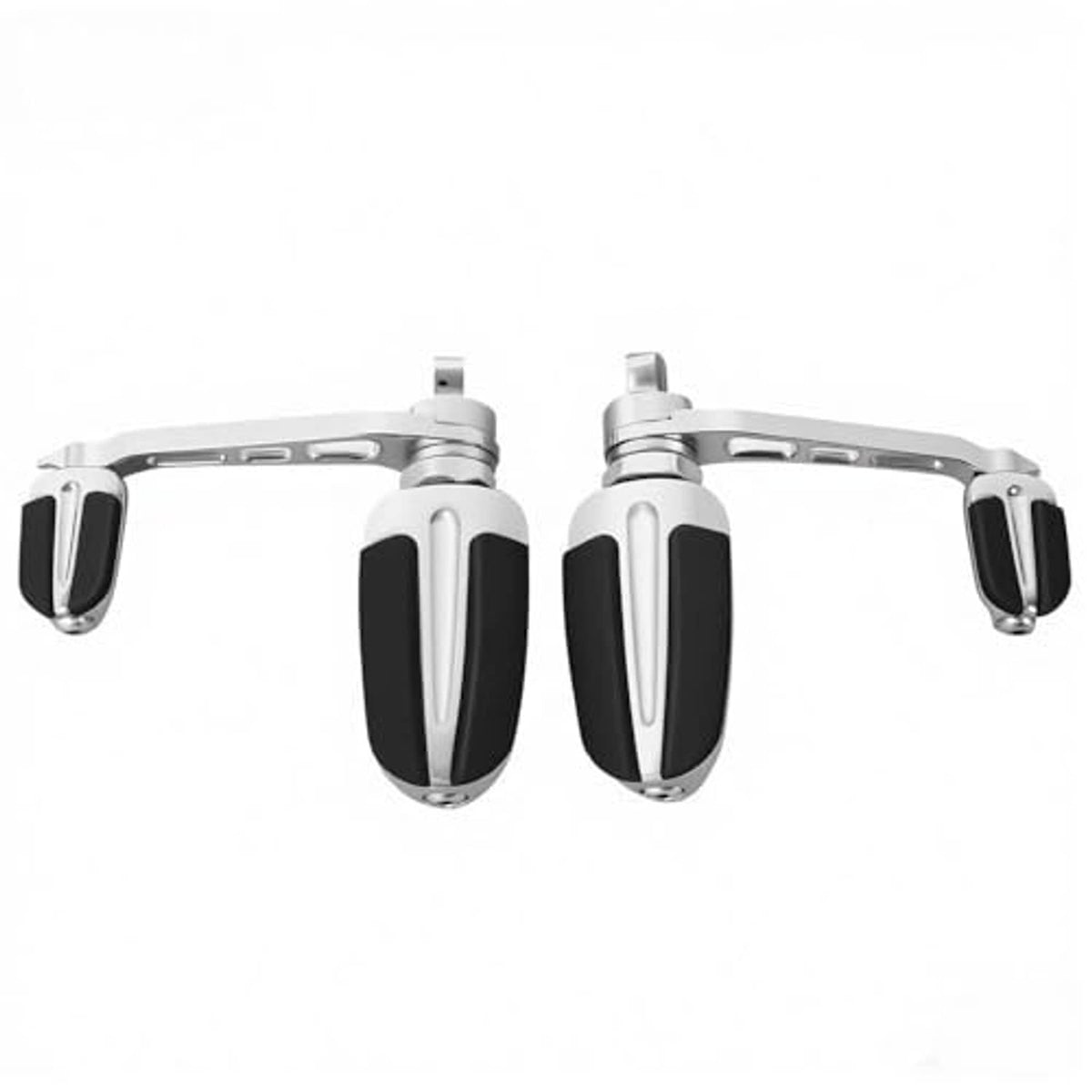 Pair of motorcycle highway foot pegs with black pads and silver mounting brackets