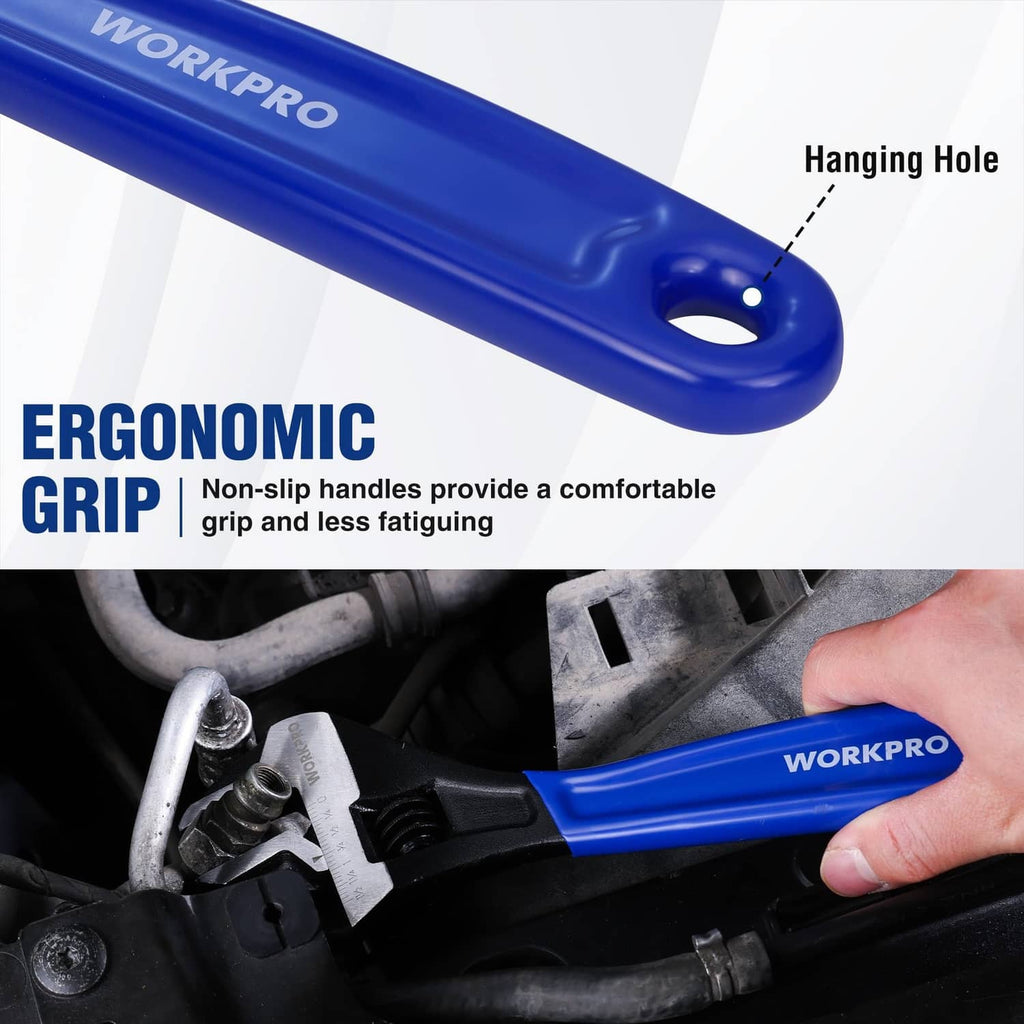 Blue WORKPRO ergonomic handle with hanging hole and non-slip grip on adjustable wrench