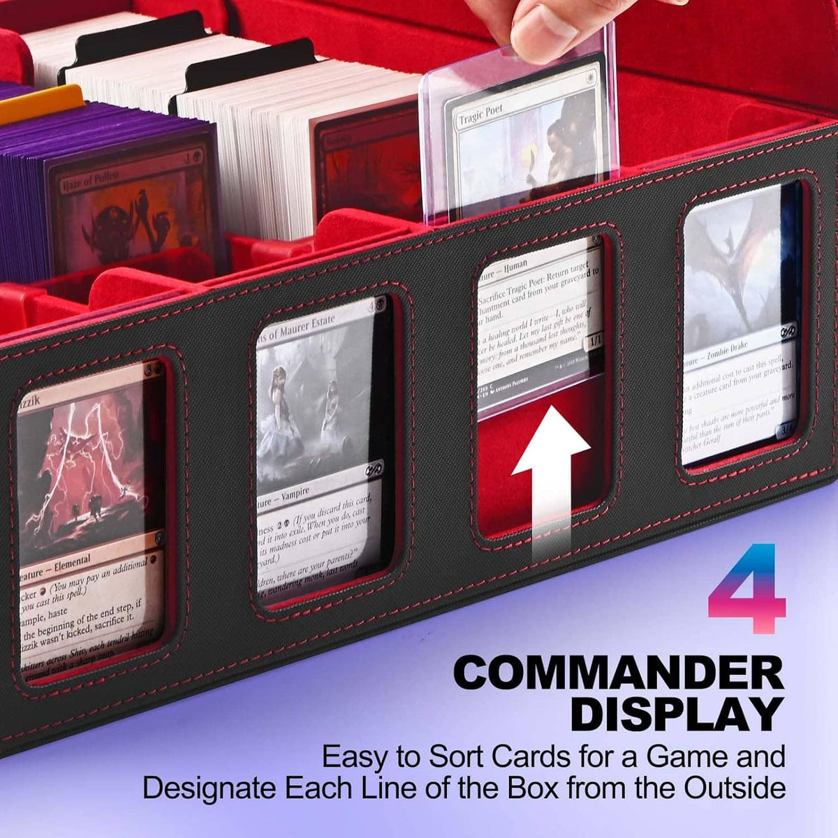 Black card organizer with transparent card windows and a divider tray for deck cards