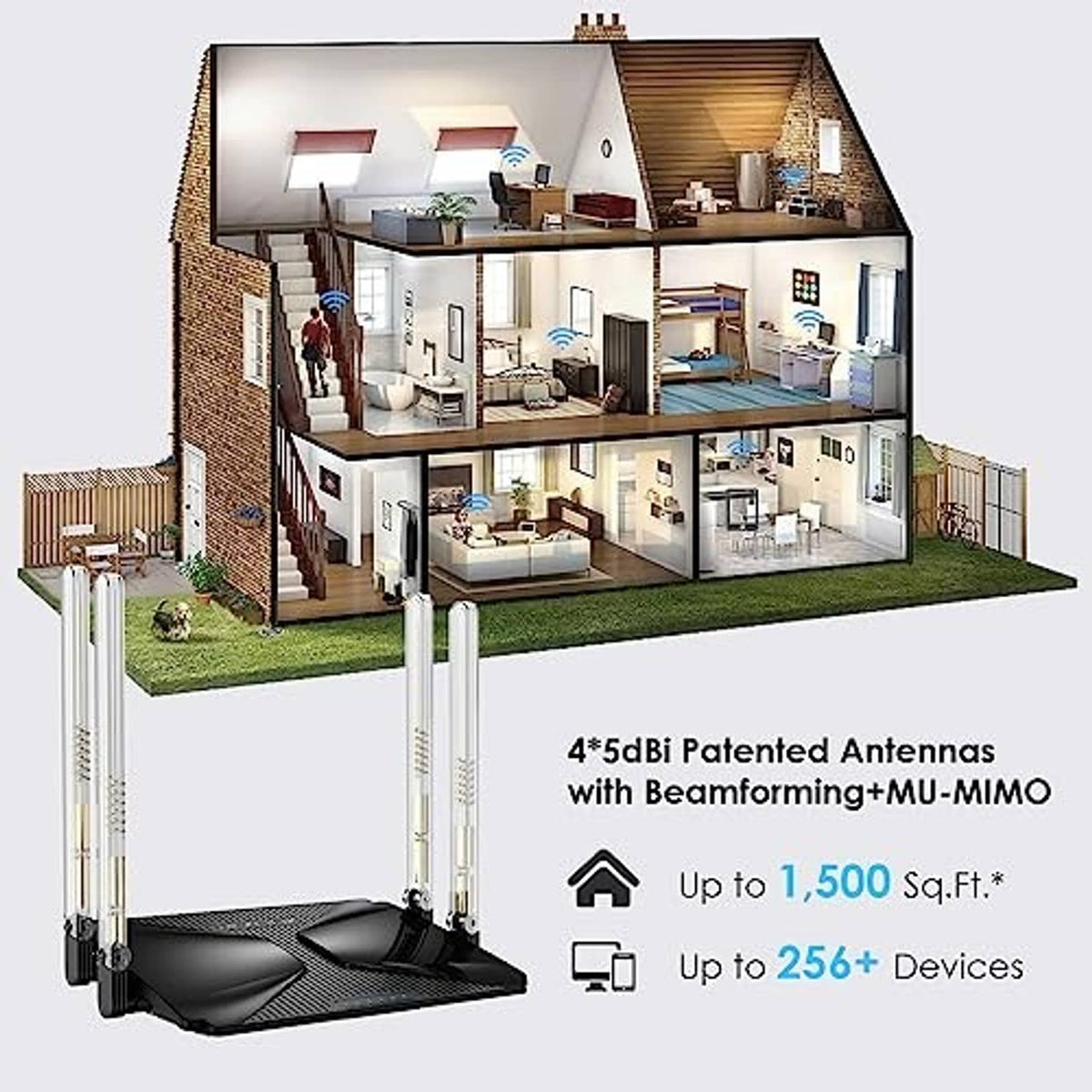 Black WiFi mesh router with two tall antennas and wide base