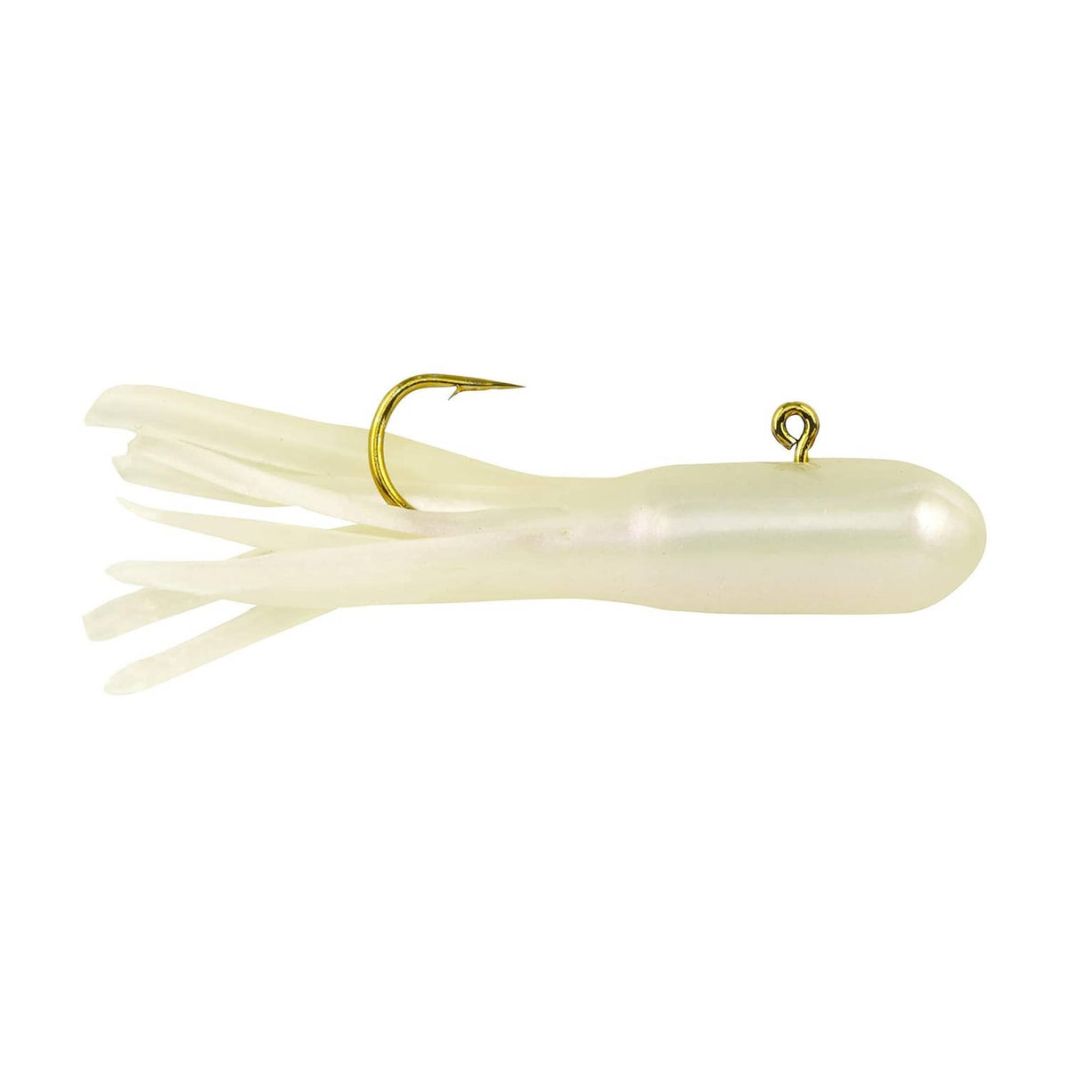Pearl-colored soft bait with gold fishing hook and loop eye