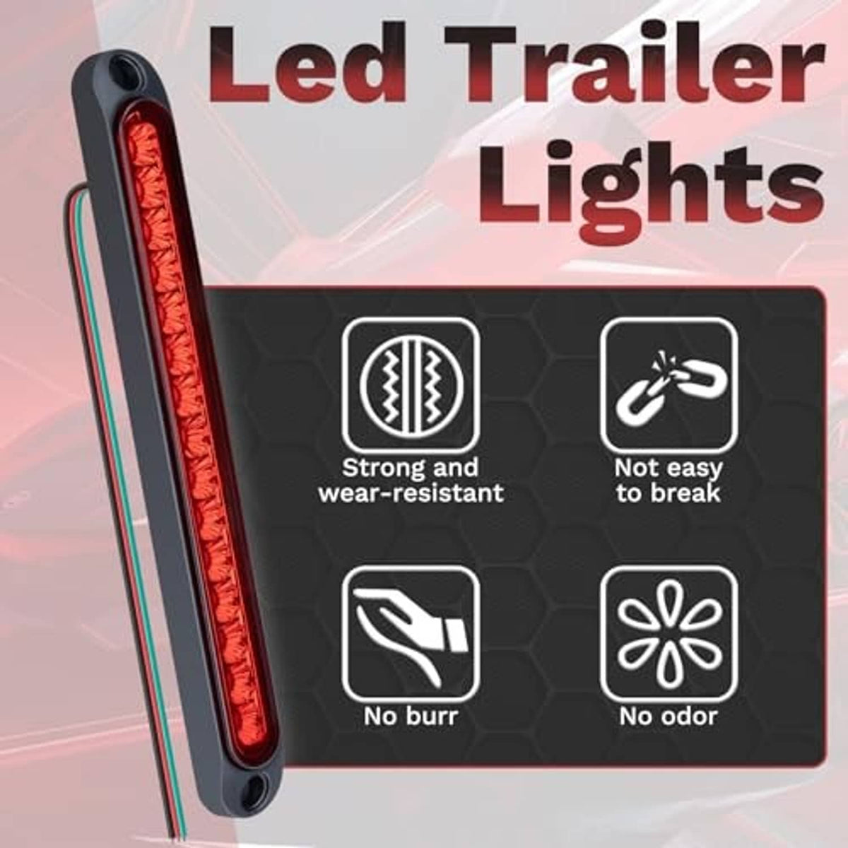 Single red LED trailer light bar with black ABS housing and clear lens