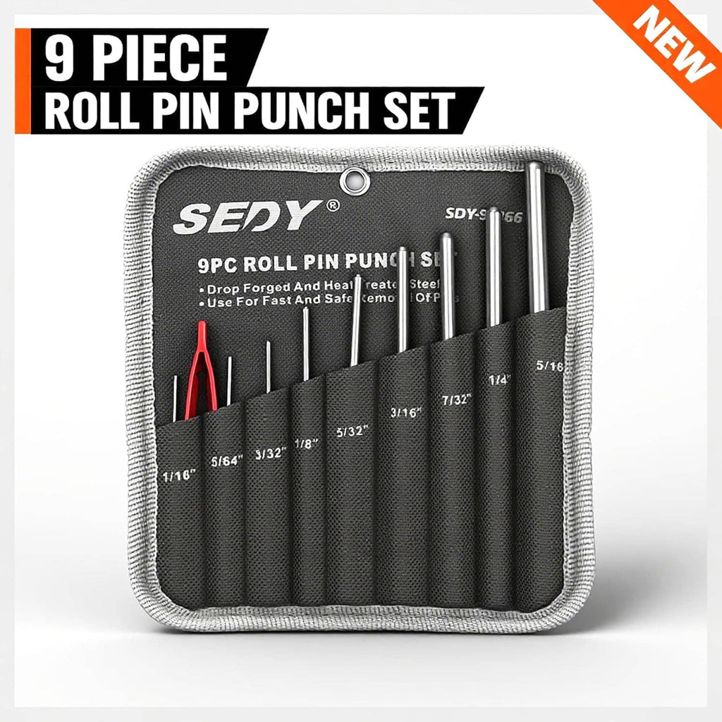 Roll pin punch set in gray canvas pouch, with multiple steel punches