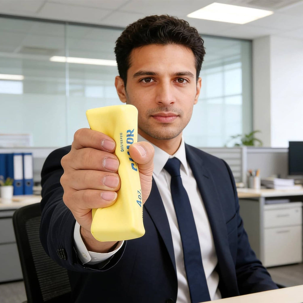 Yellow salted butter squishy fidget toy held by an office worker