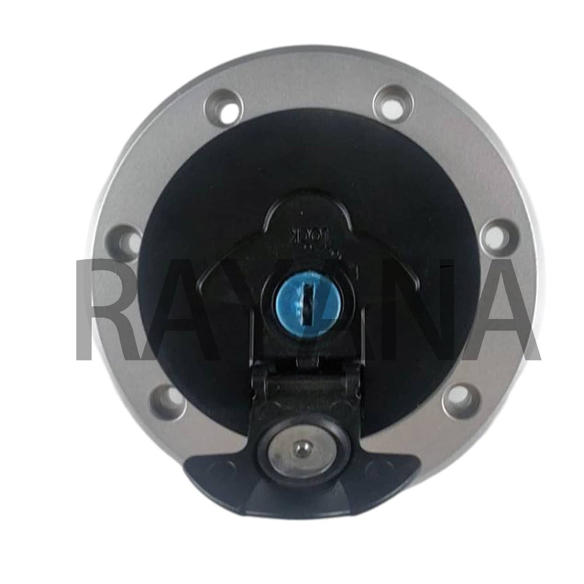 Fuel tank gas cap with blue lock cylinder detail and black cap insert, close-up.