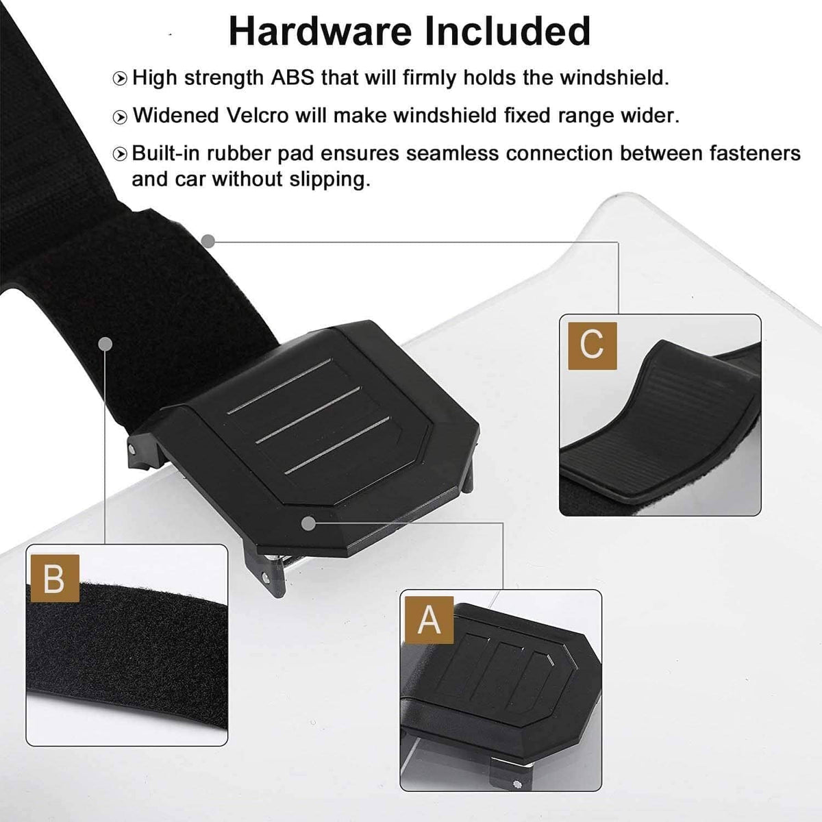 Windshield mounting hardware with black ABS base and rubber pads for secure fit