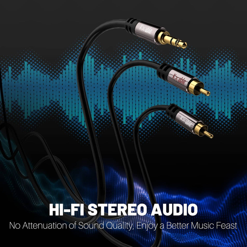 3.5mm to dual RCA stereo audio cable with gold-plated connectors, black jacket