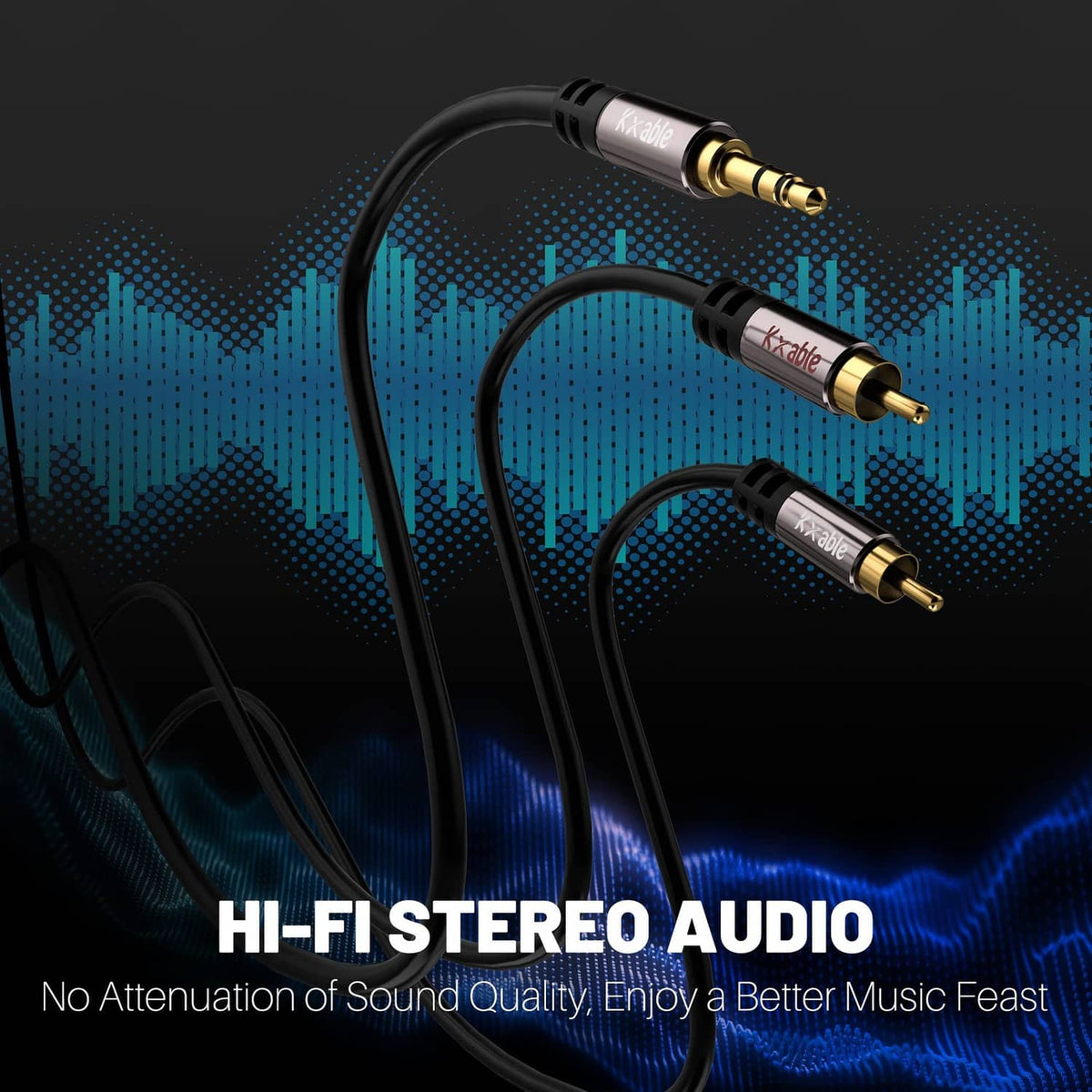 3.5mm to dual RCA stereo audio cable with gold-plated connectors, black jacket