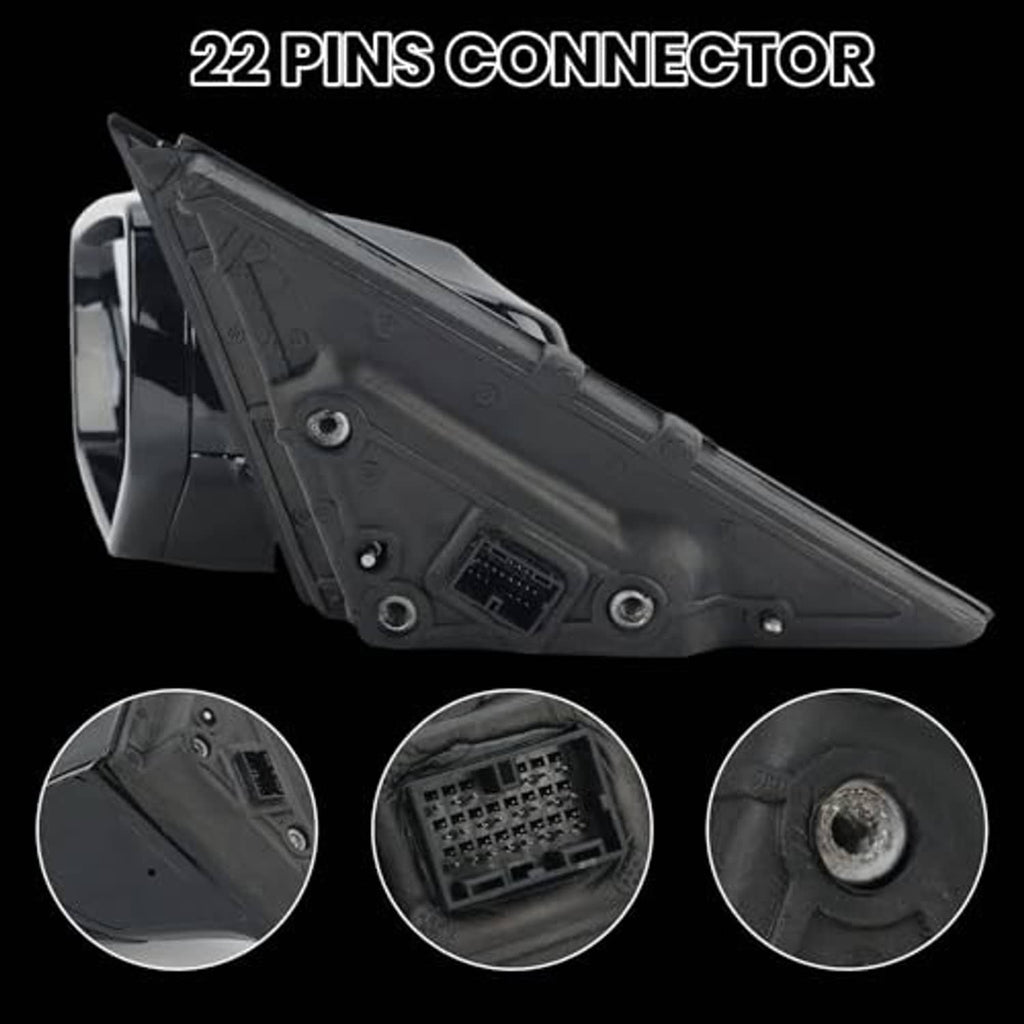 Left driver-side mirror back housing showing 22-pin electrical connector