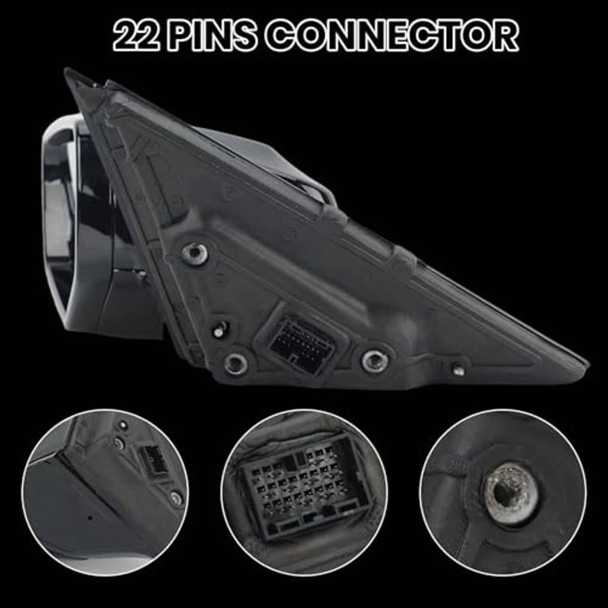 Left driver-side mirror back housing showing 22-pin electrical connector