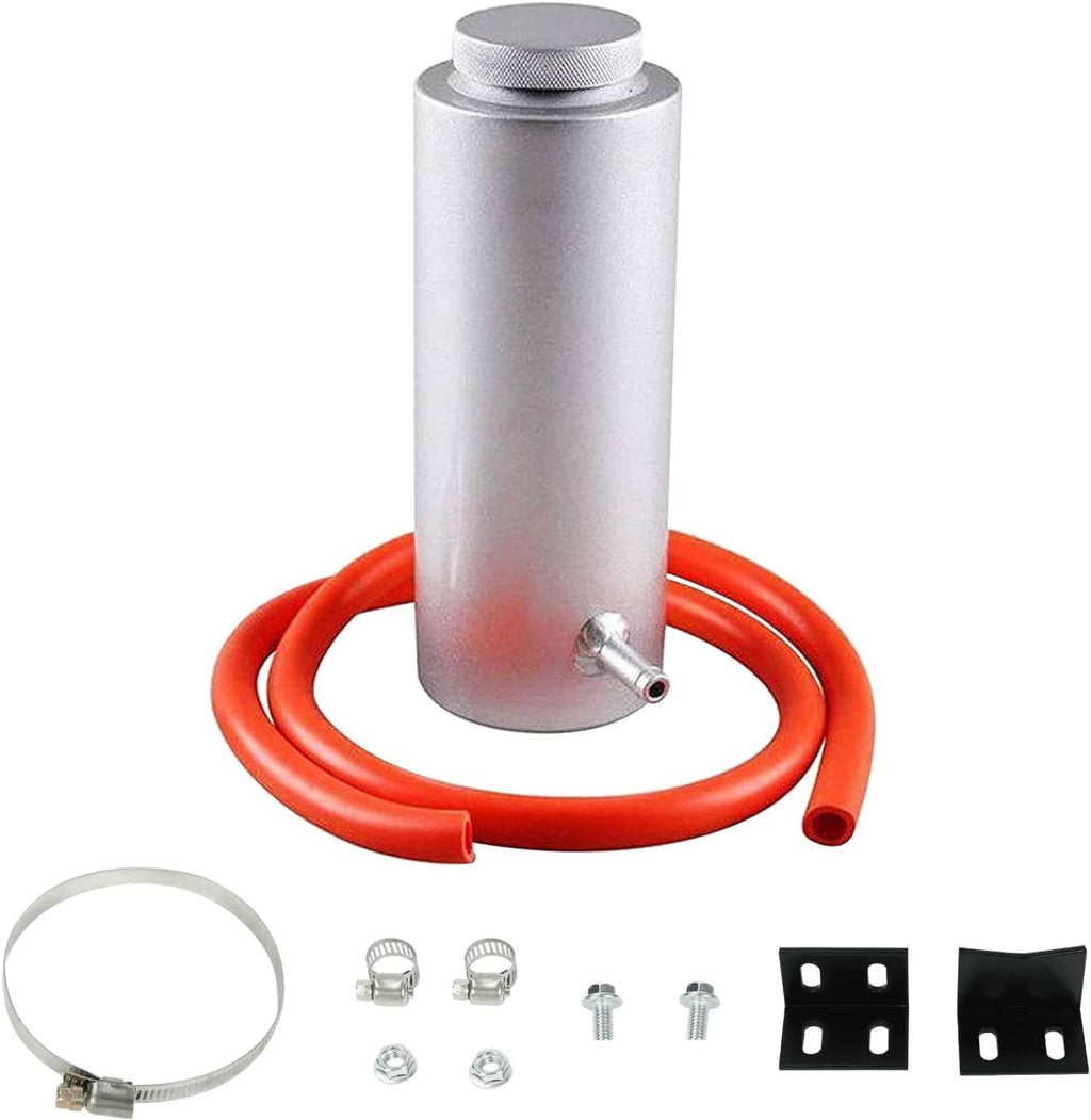 Aluminum coolant overflow catch tank with red hose and small outlet fitting