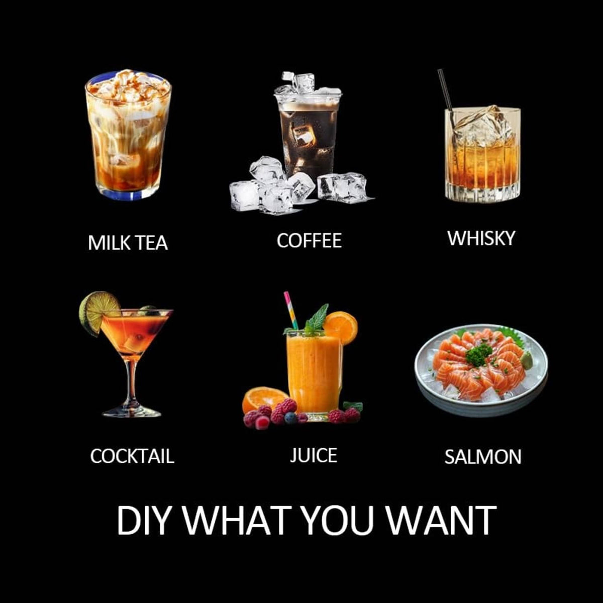 Large clear ice cubes in cocktails, coffee, and whisky glasses
