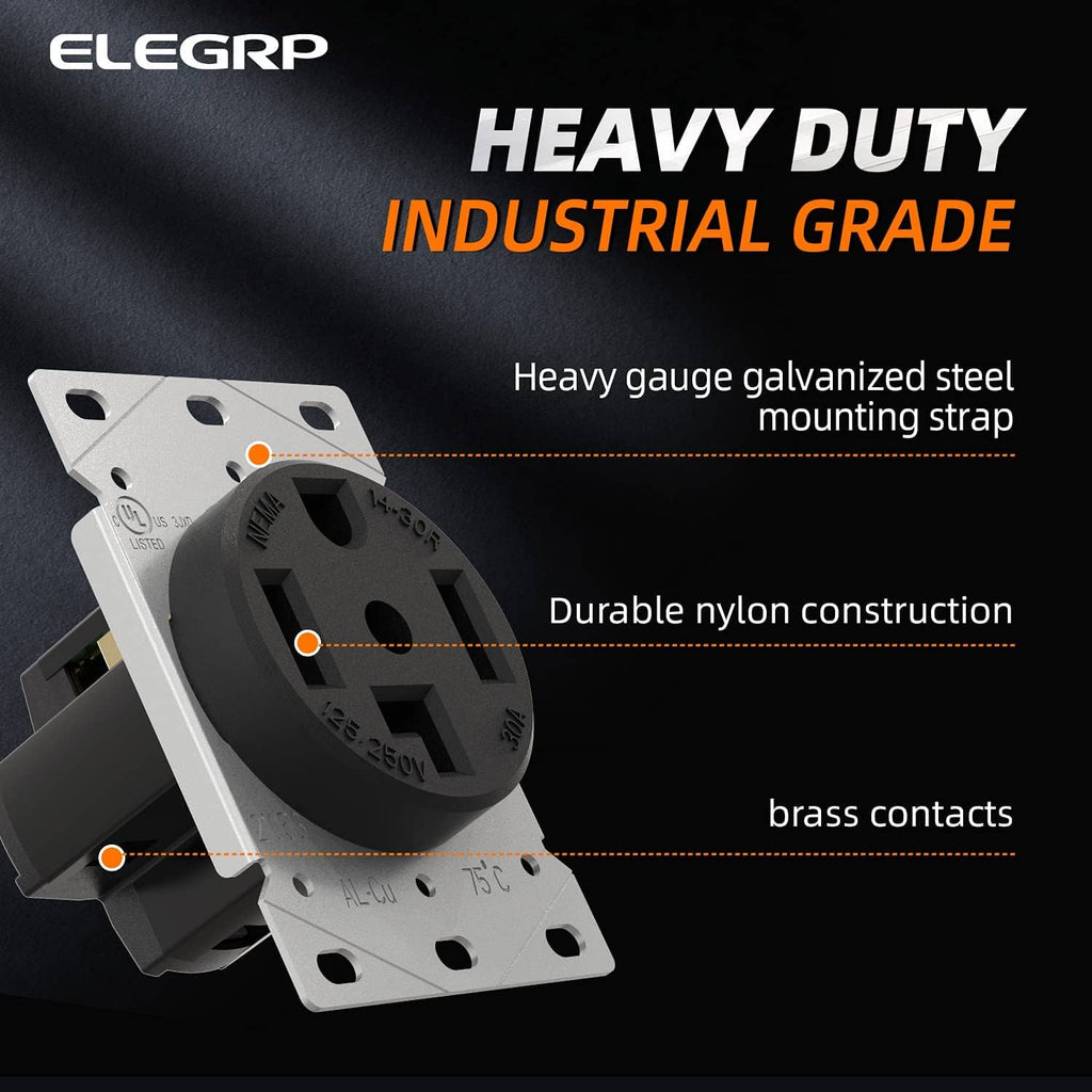 ELEGRP heavy-duty NEMA 14-30R outlet showing nylon body, steel strap, brass contacts