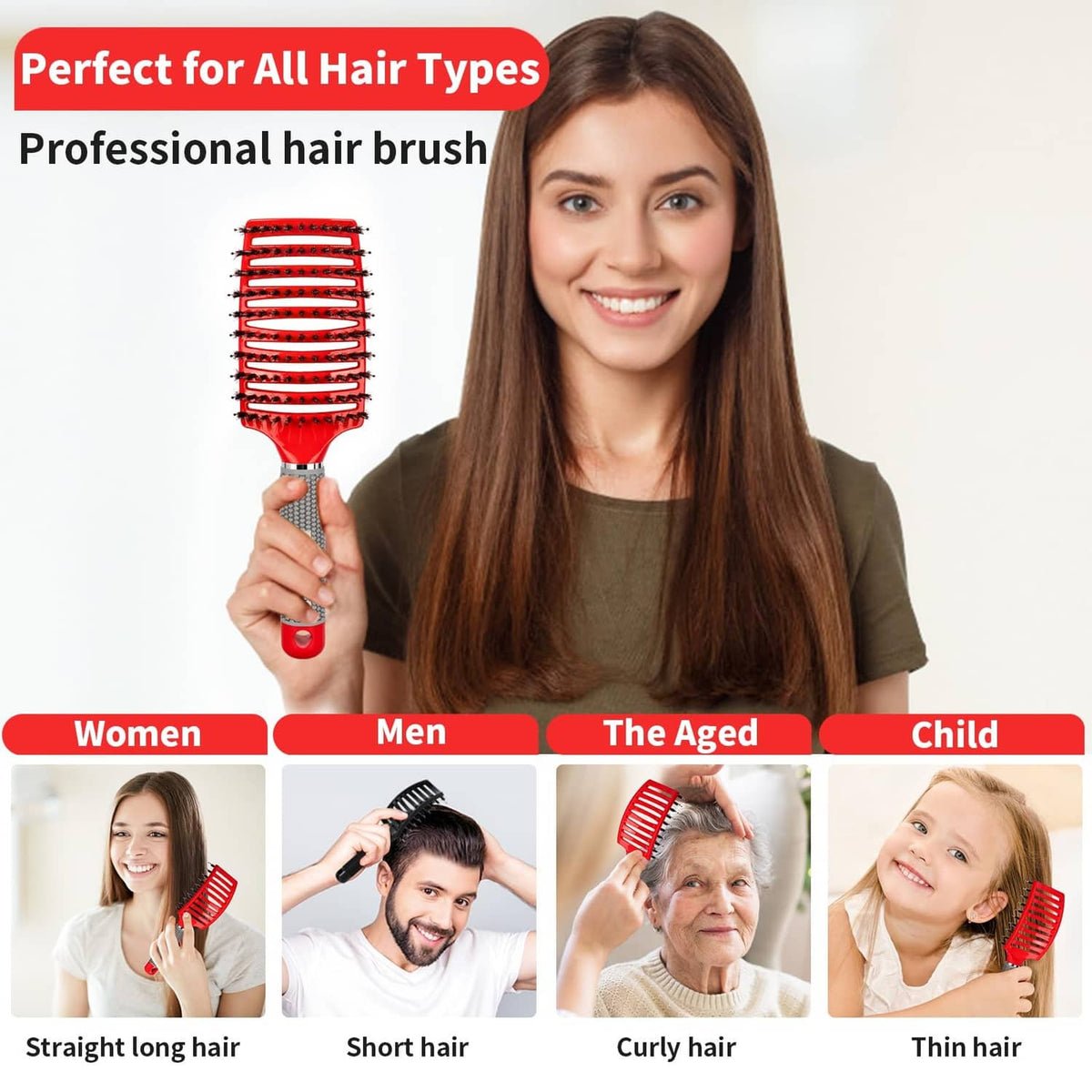 Boar bristle hair brush with red head and cushioned grip handle
