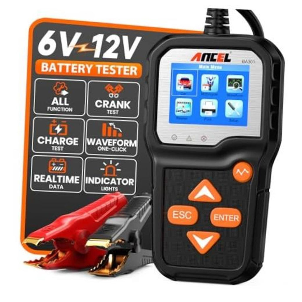 6V/12V car battery tester with digital screen, orange buttons, and red/black clamps