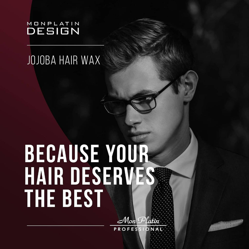 Hair wax jar shown with styled hair and a man wearing glasses
