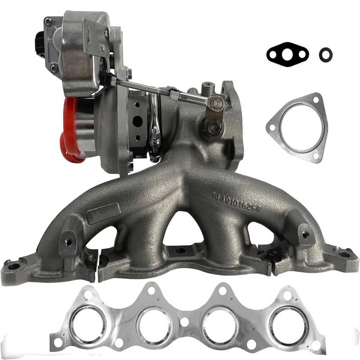 Turbocharger assembly with cast metal housing and red inlet cap, with mounting hardware