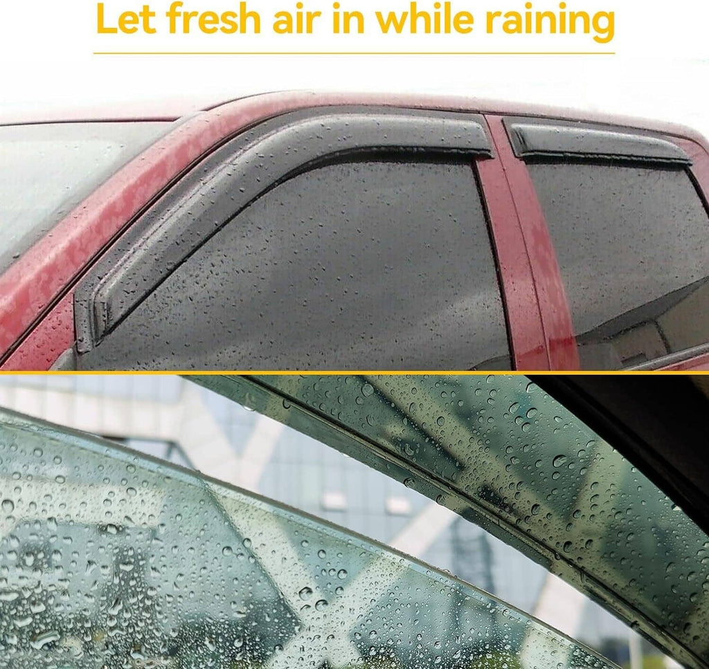 Window rain visor on vehicle glass with water droplets on the visor surface