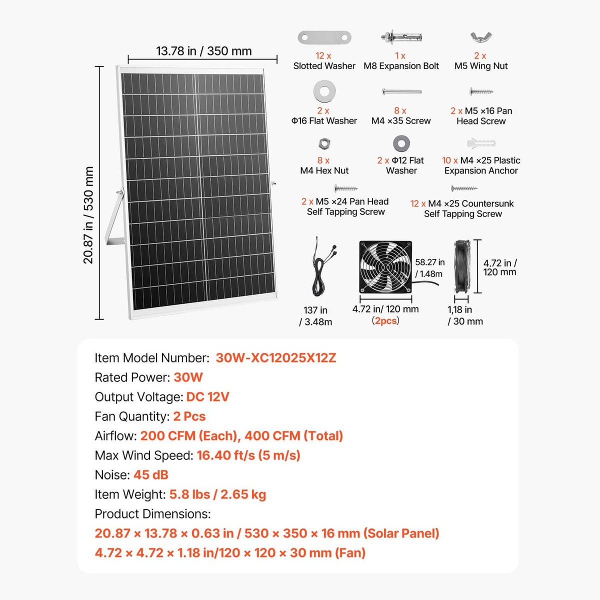 Solar fan kit parts and hardware with labeled measurements and expansion fasteners