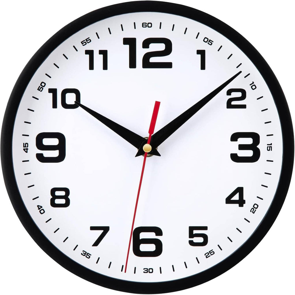 Round analog wall clock with black frame, white dial, red second hand, gold center