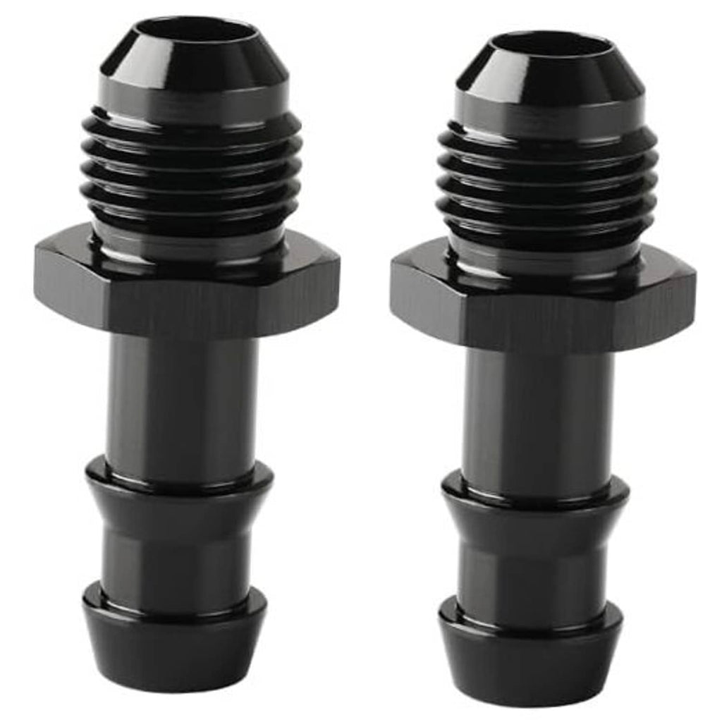 Black 6AN-to-3/8 hose barb straight male fitting pair with knurled hex base