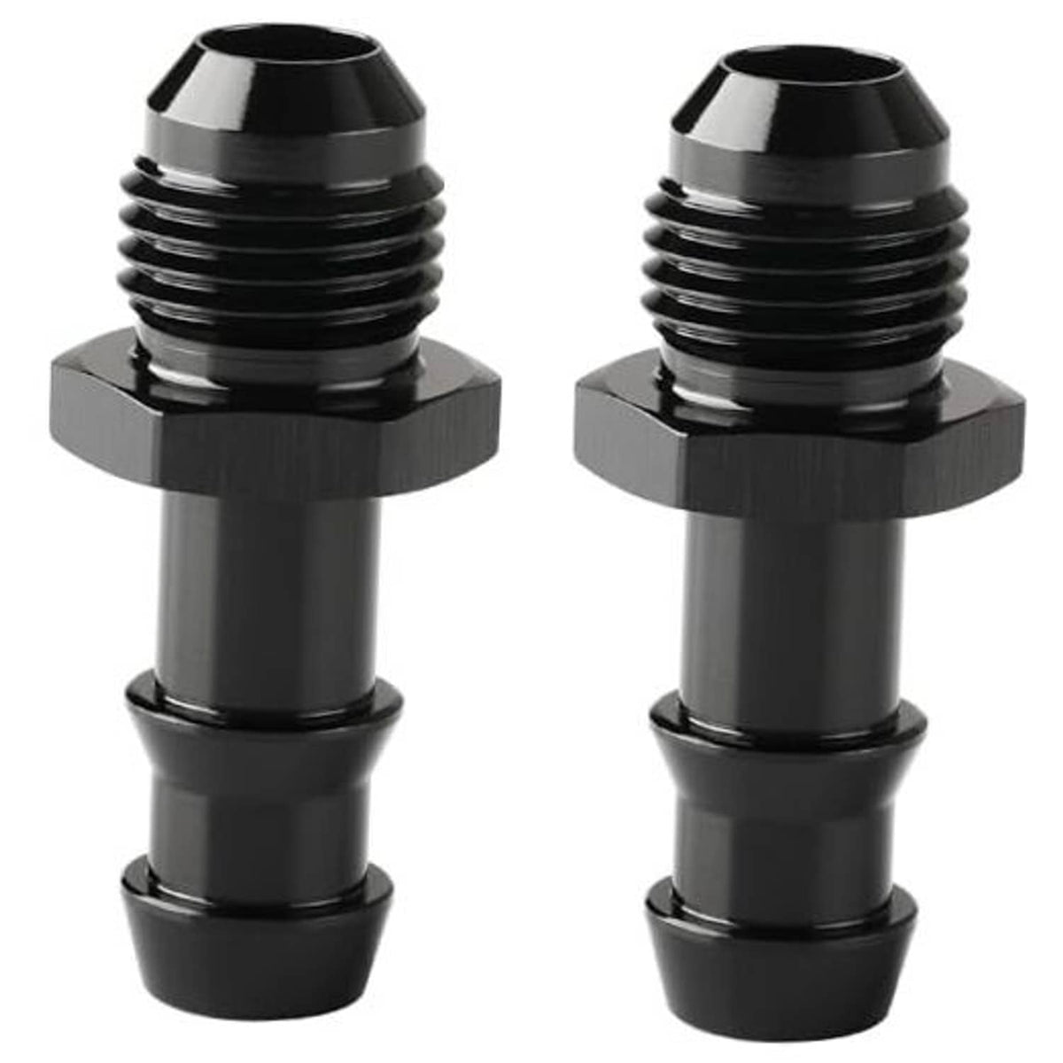 Black 6AN-to-3/8 hose barb straight male fitting pair with knurled hex base