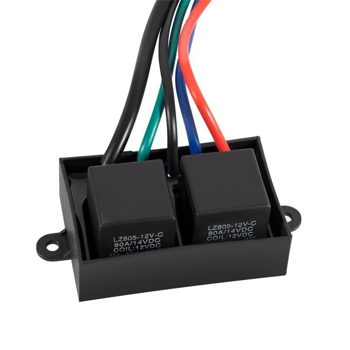 Black relay module housing with labeled voltage markings and multi-wire connector leads