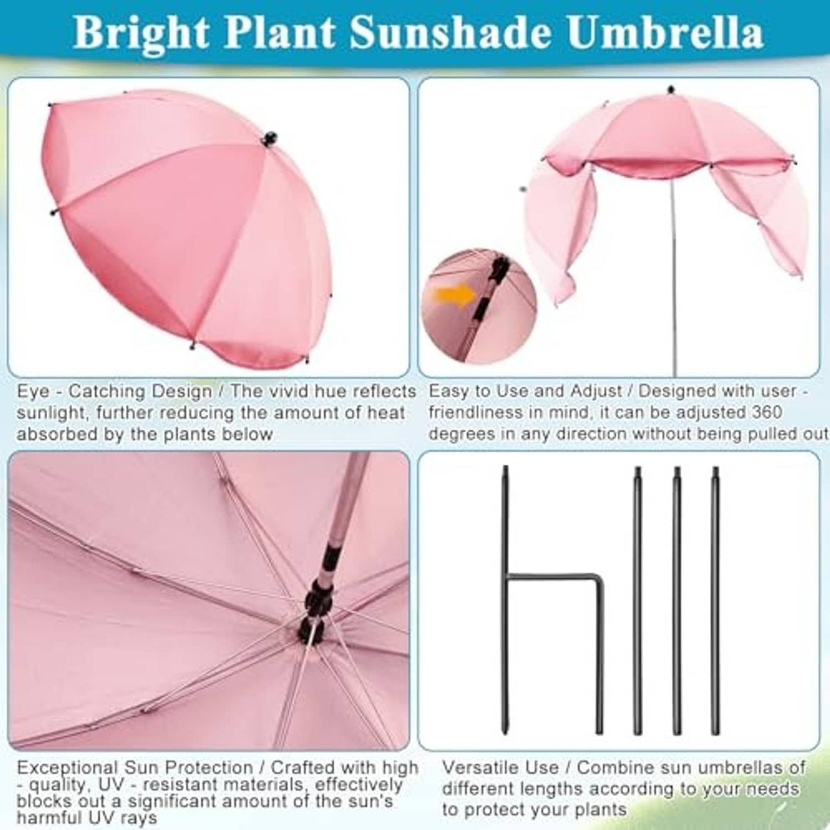 Pink adjustable plant sunshade umbrella with canopy and support pole, shown with side and top views