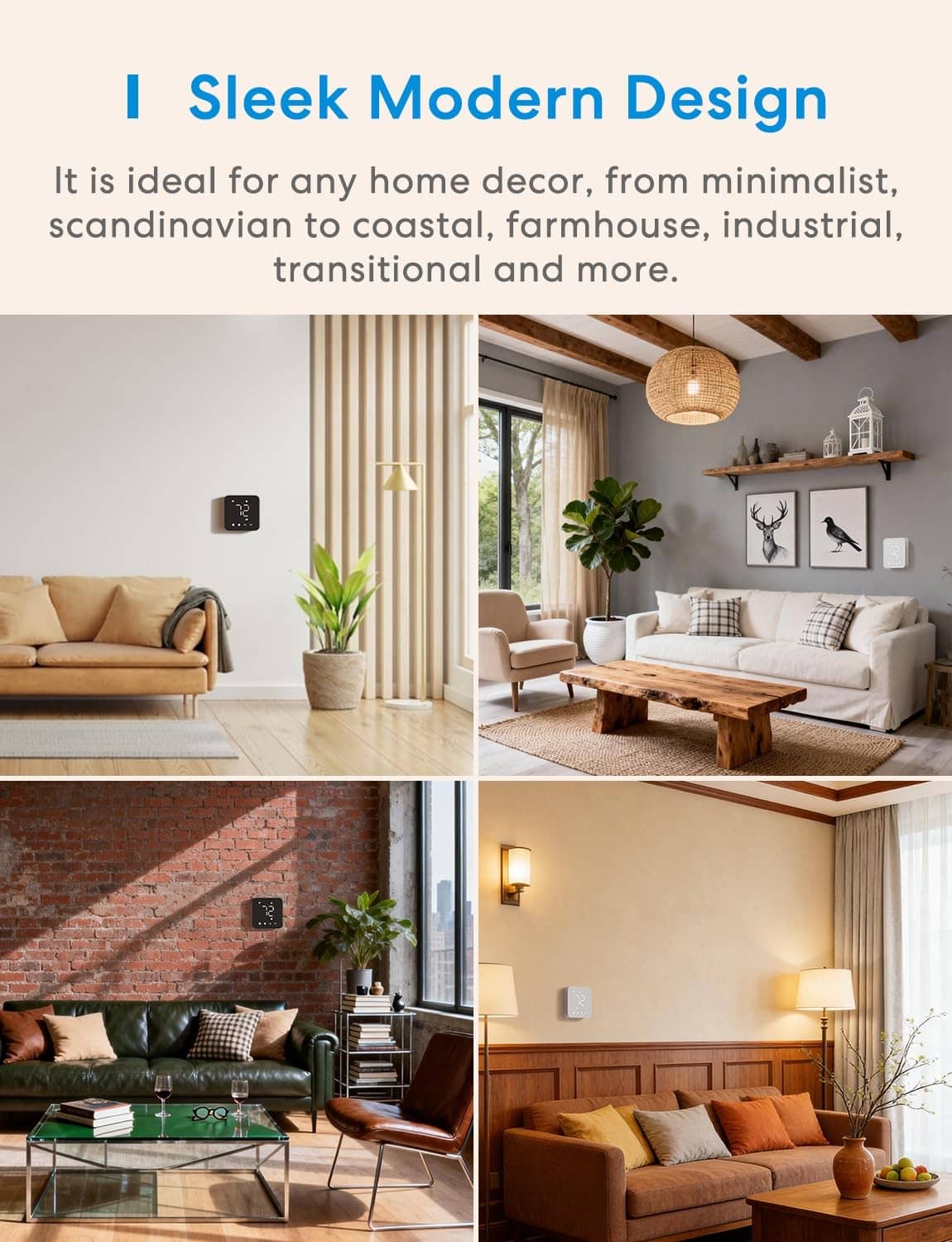 Black smart thermostat mounted on a wall in a modern living room