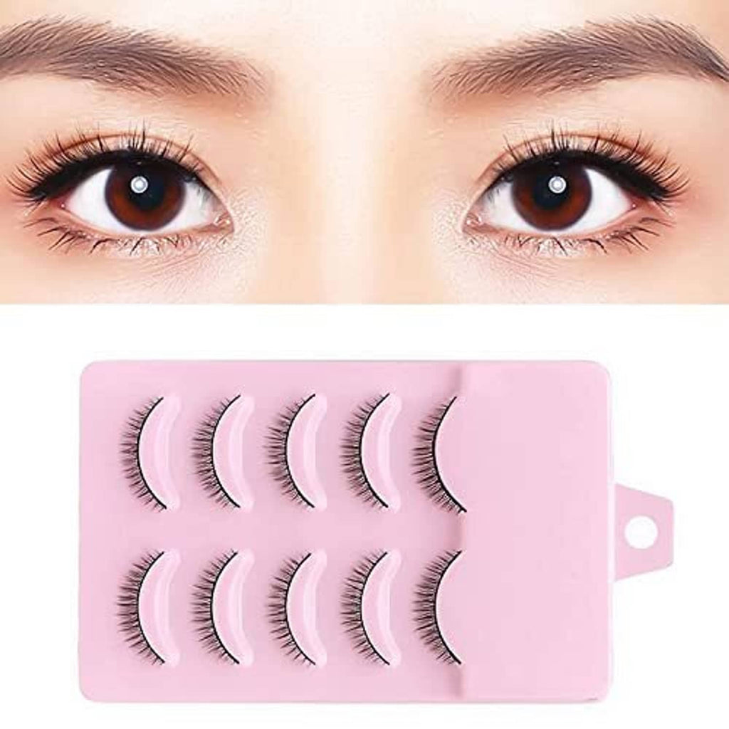 Set of short black false eyelash strips on pink card, natural flutter look