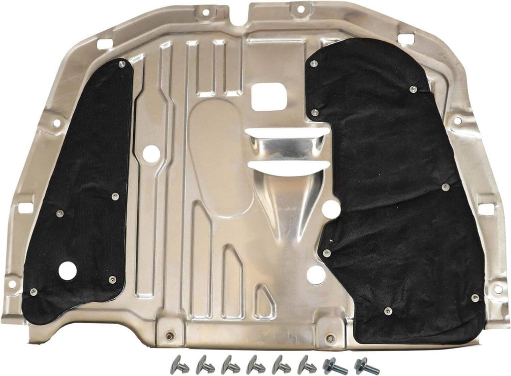 Engine splash guard cover with black sound-dampening pads and silver metal frame