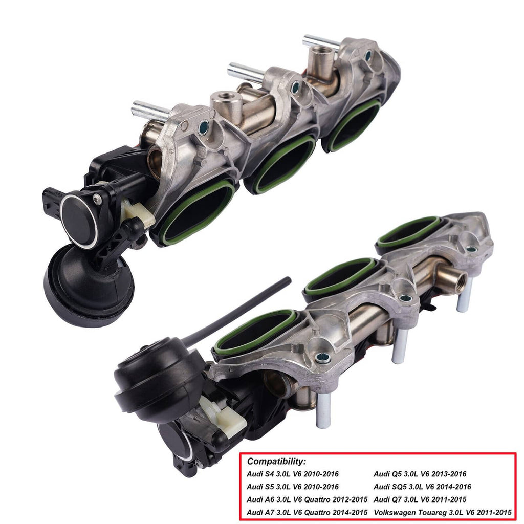 Intake manifold pair angled; silver housing with green ports and black hose boots